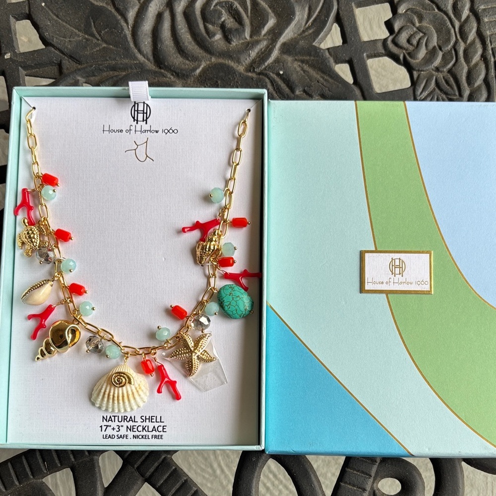 NIB! House of Harlow 1960 Gold and Turquoise Shell/Turtle/Starfish Necklace